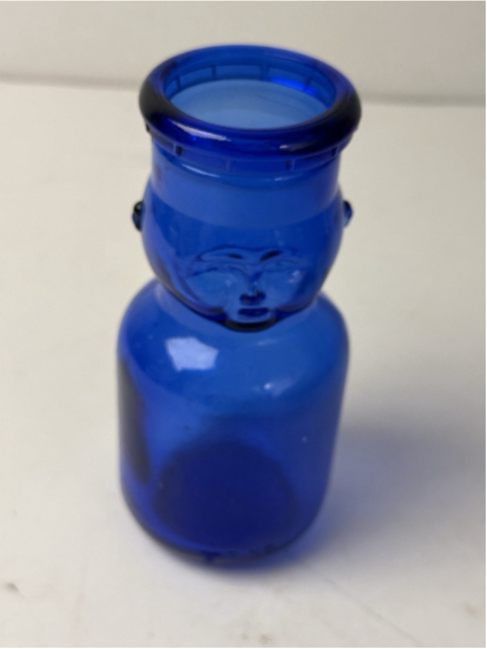 Vintage Cobalt Blue Glass Figural Boy Sailor Face Bottle Jar Wheaton 5.5 Inch